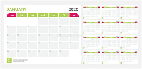 2020 Calendar Illustration Template Mock Up Week Starts Sunday