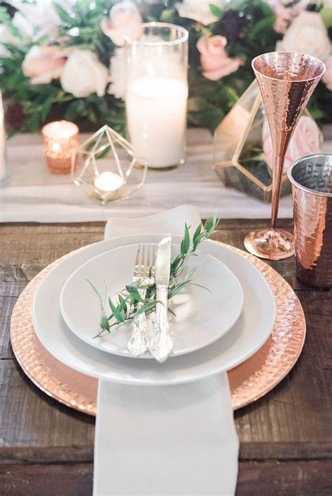 Rose Gold Metallic Place Setting With Greenery Sprig Geometric