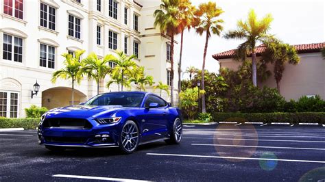 Blue Coupe Car Ford Mustang Blue Cars Palm Trees Hd Wallpaper