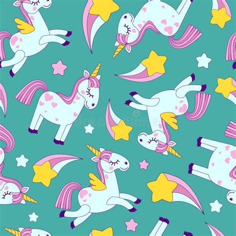 Vector Seamless Pattern With Cute Unicorns And Stars Stock Vector Illustration Of Dream