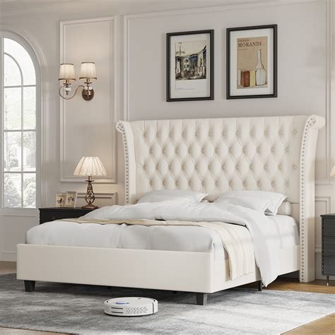 Homfa King Size Bed Frame Modern Velvet Tufted Upholstered Platform Bed With Rivet Rolled Edge
