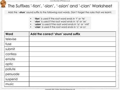The Suffixes Tion Sion Ssion And Cian Worksheet
