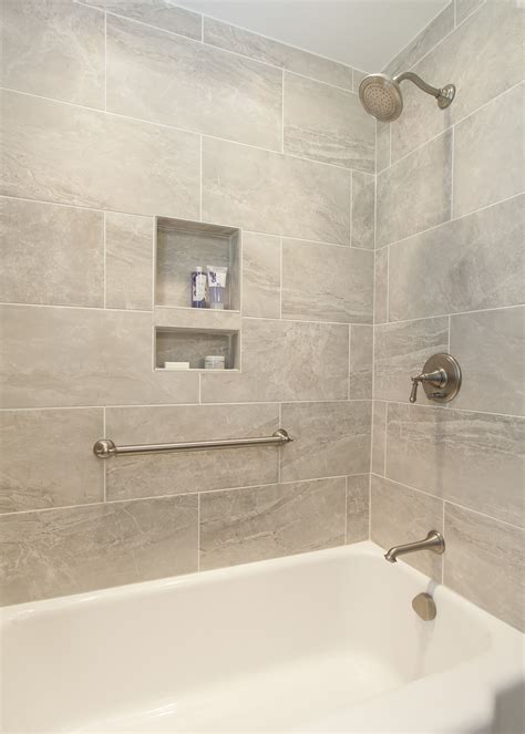 Imperial brite white matte 4×8 ceramic tile from the tile shop. Stunning bath tub tile surround with built in niches # ...