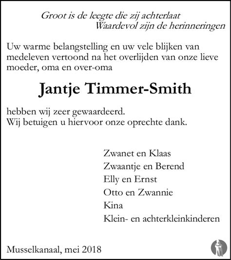 Jantje Timmer Smith 08 04 2018 Overlijdensbericht En Condoleances