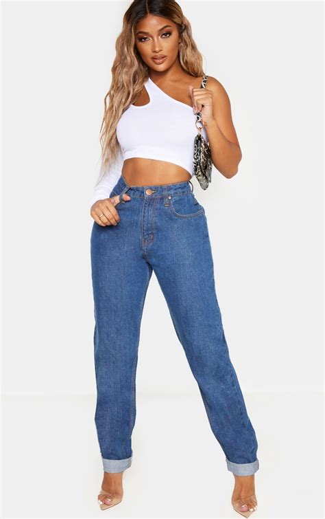 Shape Mid Wash High Waist Mom Jeans Curve Prettylittlething
