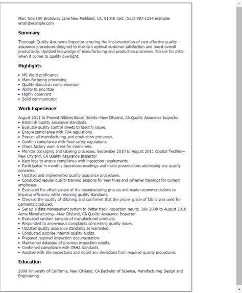 Professional quality assurance inspector resume examples & samples. Electrical qc inspector cv February 2021
