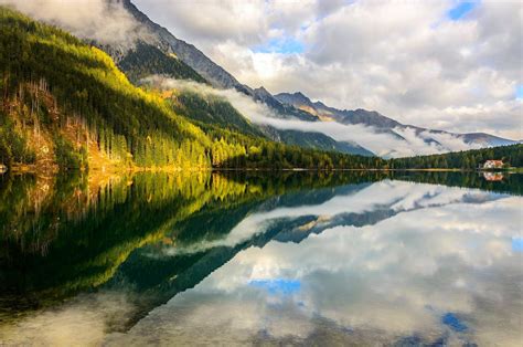 Mountain Forest Lake Clouds Italy Reflection Water Alps Nature
