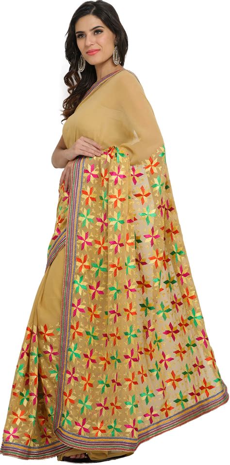 New Wheat Phulkari Sari From Punjab With Embroidered Flowers And Gota