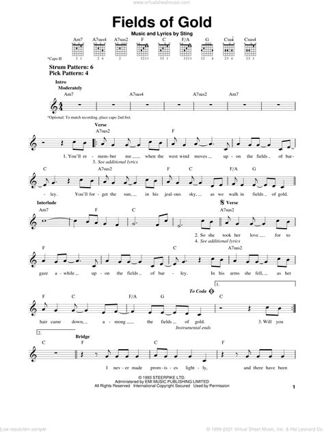 Sting Fields Of Gold Sheet Music For Guitar Solo Chords V2