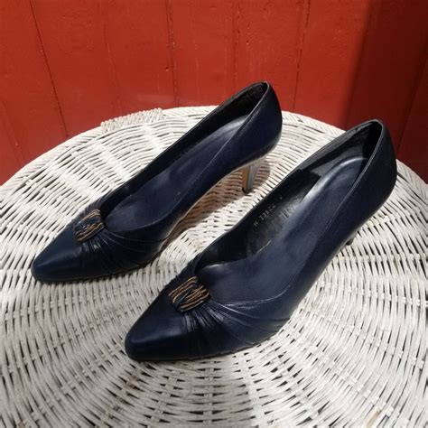 Vintage 80s Womens Navy Blue Leather Pumps With Goldtone Etsy