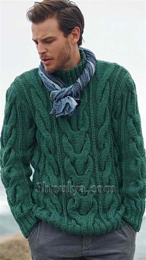 Зеленый мужской свитер с узором из кос — Shpulya.com - схемы с ...