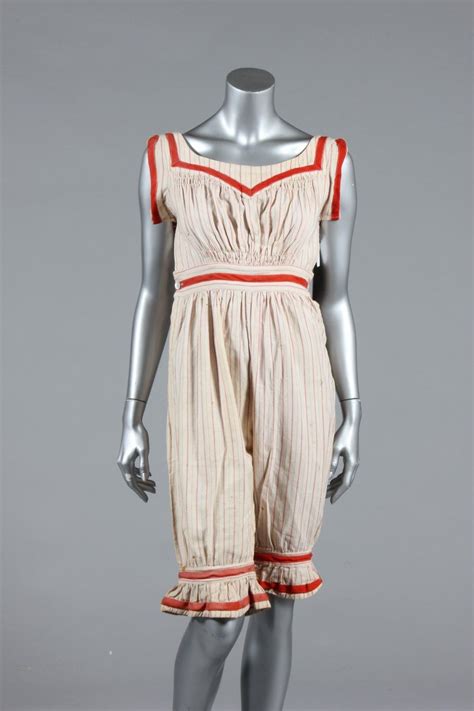 A Terracotta And Ivory Striped Flannel Bathing Suit Circa 1910