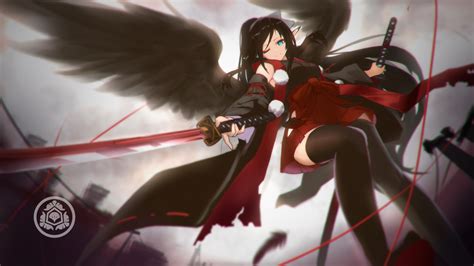 Download 1920x1080 Anime Girl Black Wings Wink Katana