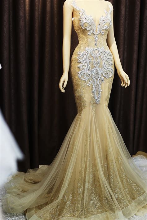 Alluring Gold Nude Gold Beaded Crystals Mermaid Wedding Evening Dress With Court Train And