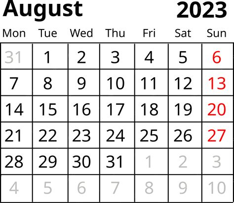 Mesa Negro Agosto 2023 Calendario Calendario Minimalista Png