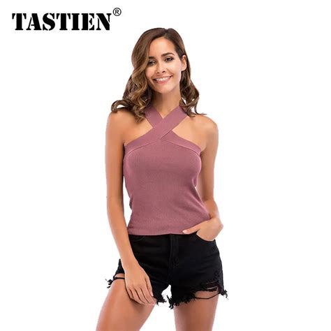 tastien 2018 sexy tank tops women cross neck bare chest white tops cotton knitted cheap