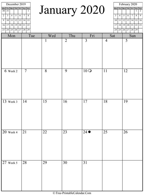 January 2020 Calendar Vertical Layout