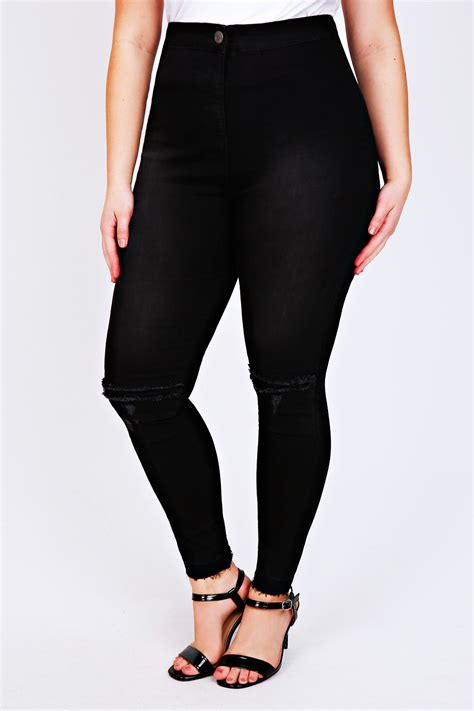 Black High Waisted Denim Skinny Jeans With Ripped Knees Plus Size To