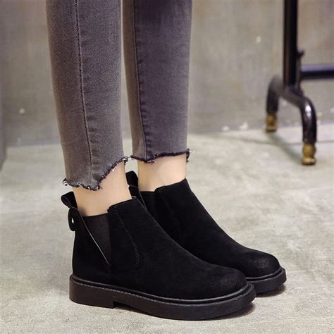 Youyedian Women Boots Slip On Black Ankle Boots For Women Flat Low Heel