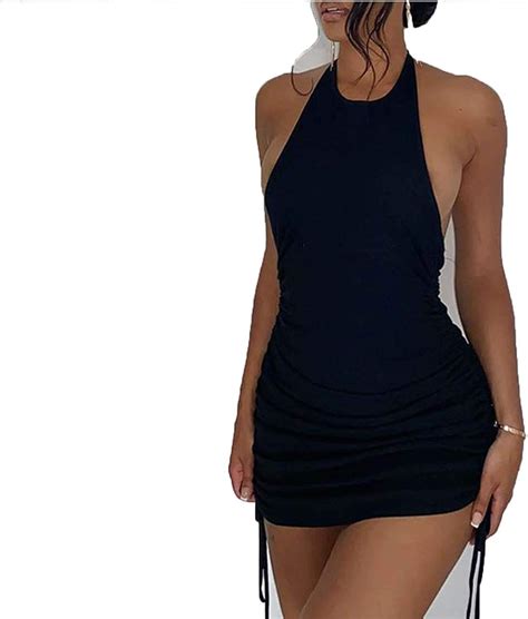 Drawstring Ruched Sexy Halter Backless Mini Dress Club Party 2021 Autumn Sleeveless Dresses