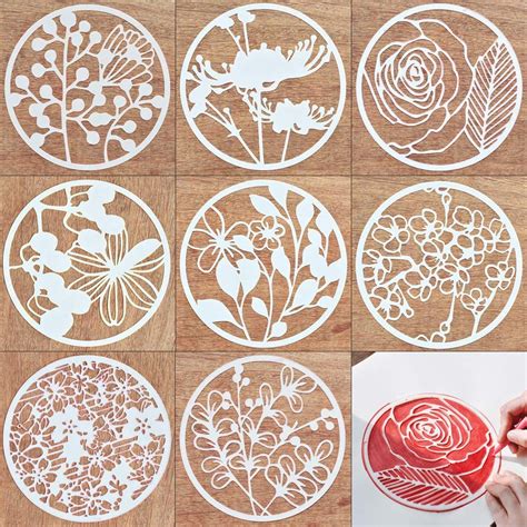 Creative Diy Plastic Stencil 8 Pieces Plant Flower Pattern Template