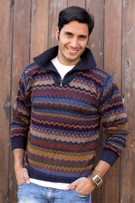 Mens 100 Alpaca Wool Striped Zip Collar Pullover Sweater Mountain