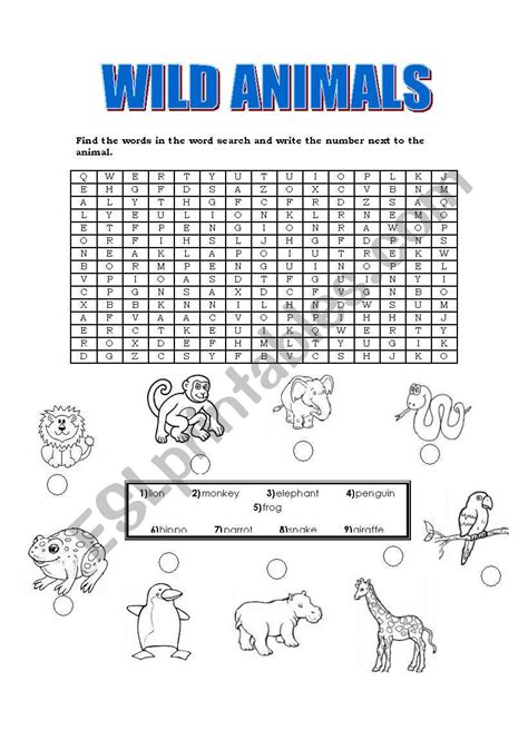 Wild Animals Word Search Puzzle Esl Printable Worksheetsanimals Esl
