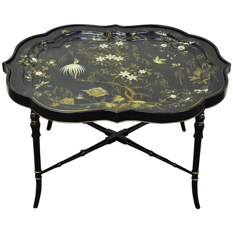 English Scalloped Papier Mâché Hand Painted Tray On Faux Bamboo Table