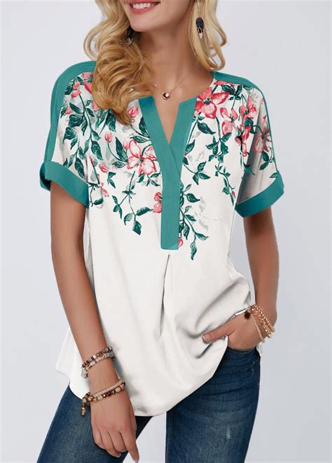 Floral Print Contrast Piping Notch Neck Blouse Usd 2811