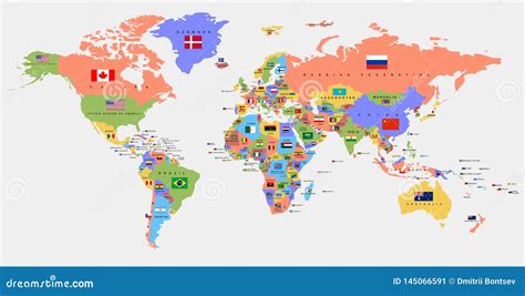 Color World Map With The Names Of Countries And Flags Political Map