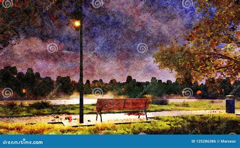 Bench In Park At Autumn Night Watercolor Landscape Stock Illustration