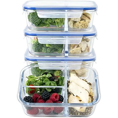 Large Premium 4 Pack 3 Compartment Glass Meal Prep Containers Wnew