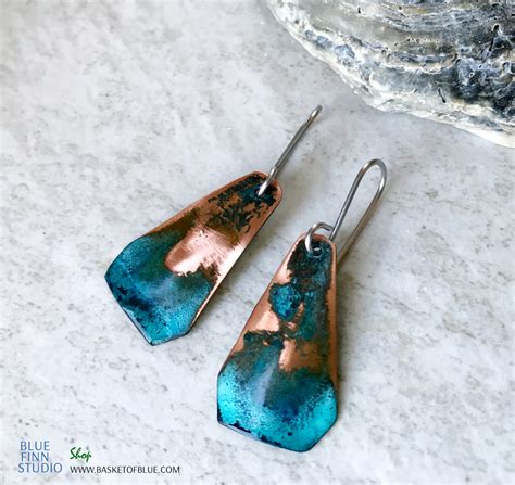 Blue Copper Patina Triangle Earrings Basket Of Blue