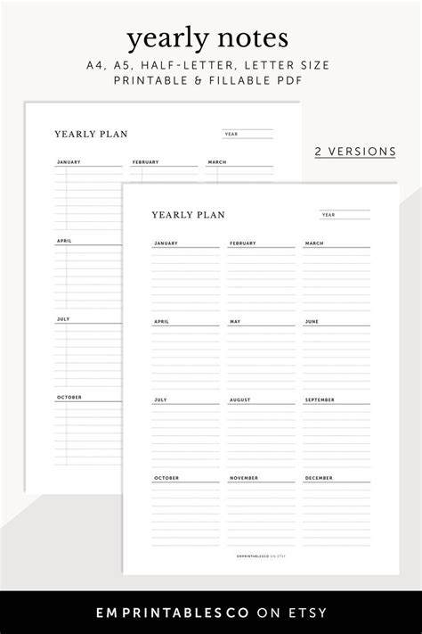 Undated Yearly Notes Instant Download Digital Fillable And Printable