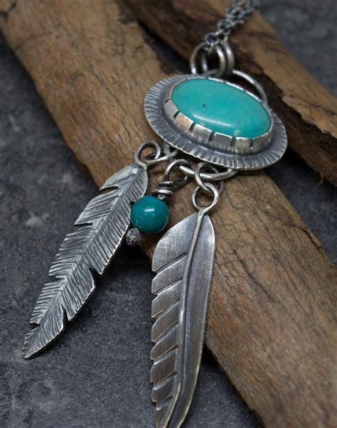Turquoise Necklase Boho Necklace Feather Necklace Silver Feather