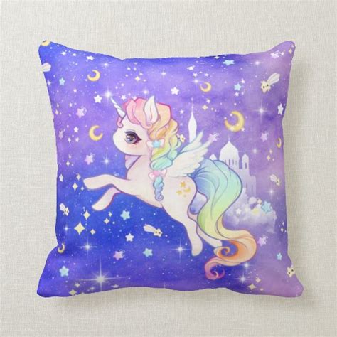 Cute Kawaii Pastel Unicorn With Moons And Stars Pillow Zazzle