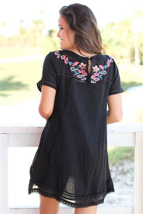 Black Short Dress with Floral Embroidery | Short dresses, Embroidery short dress, Black short dress