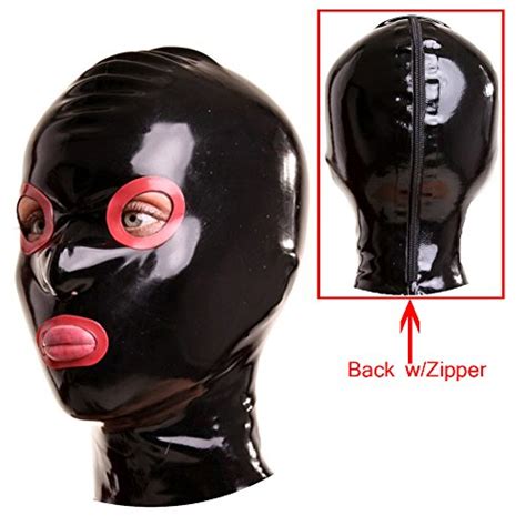 buy exlatex rubber latex hood with contrast colour around eyes and mouth opening with zipper