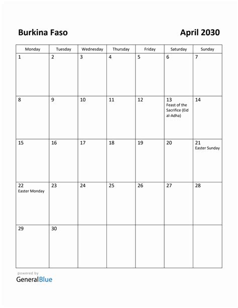 Free Printable April 2030 Calendar For Burkina Faso