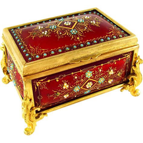 Antique Napoleon Iii French Gilt Bronze Red Enamel Jewelry Casket Box