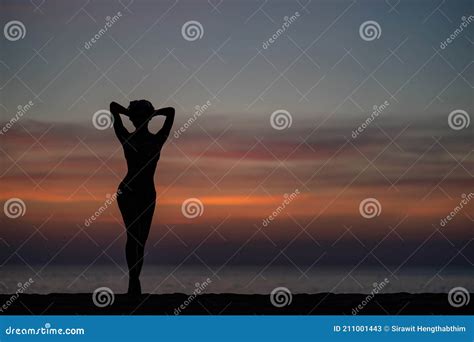 Silhouette Portrait Of Woman Wearing Bikini On The Beach Golden Sunset