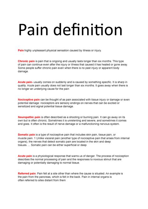 Pain Definitions Pain Definition Pain Highly Unpleasant Physical