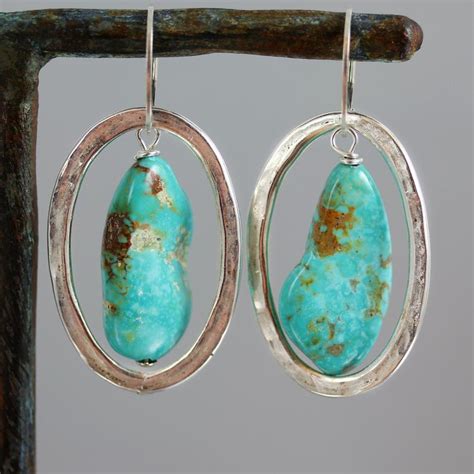 Kingman Turquoise Earrings Hammered Silver Hoops Turquoise Etsy