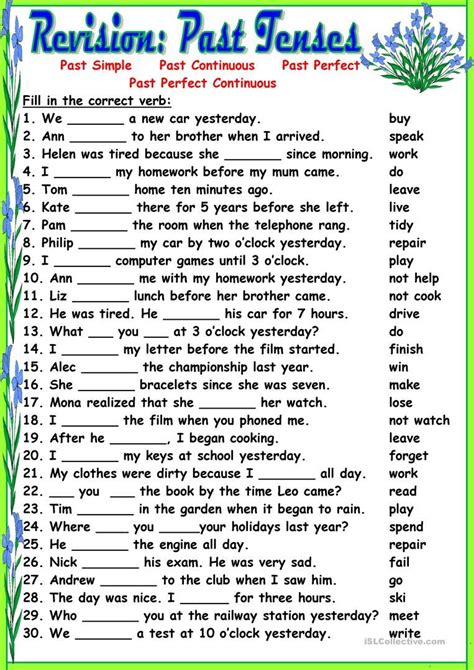 We also include the explanation of every exercise along with the answer. Revision:Past Tenses worksheet - Free ESL printable ...