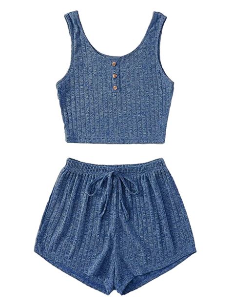 Buy Shein Women S 2 Piece Sleeveless Button Crop Tank Tops And Shorts Lounge Set Navy Blue