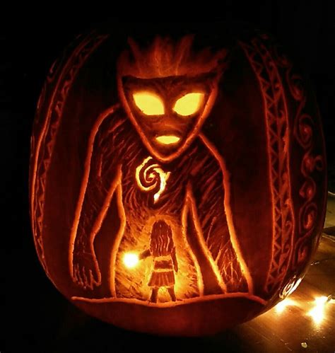 This is a great pumpkin carving idea for everyone that loves disney frozen!kid friendly. This year's pumpkin! Moana giving Teka the heart of te ...