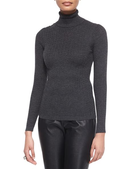 St John Wool Ribbed Knit Turtleneck Sweater In Grey Marble Gray Lyst