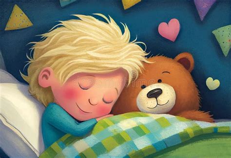 Cartoon Little Boy Sleeping With A Teddy Bear In Her Bed Children S