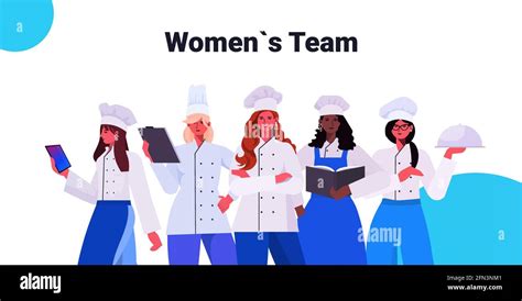Female Cooks In Uniform Standing Together Beautiful Women Chefs Cooking Food Industry Concept