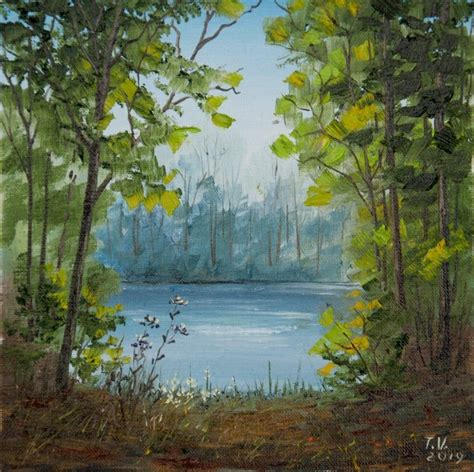 Forest Lake Oil Painting Original Art Green Trees Summer Nature Little